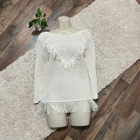 Joie Size Small Oversized Cream 3/4 Sleeve Fringe Hem Open Knit Pullover Sweater - Picture 1 of 5